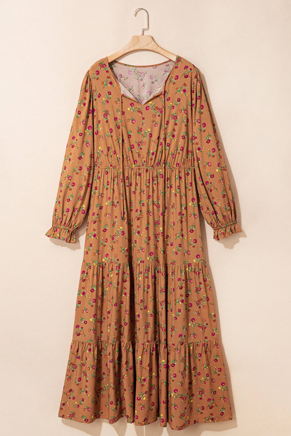 Brown Plus Size Floral Split V Neck Ruffled Sleeve Tiered Maxi Dress - MAD RUFFI