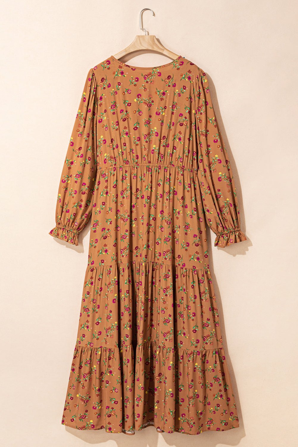 Brown Plus Size Floral Split V Neck Ruffled Sleeve Tiered Maxi Dress - MAD RUFFI