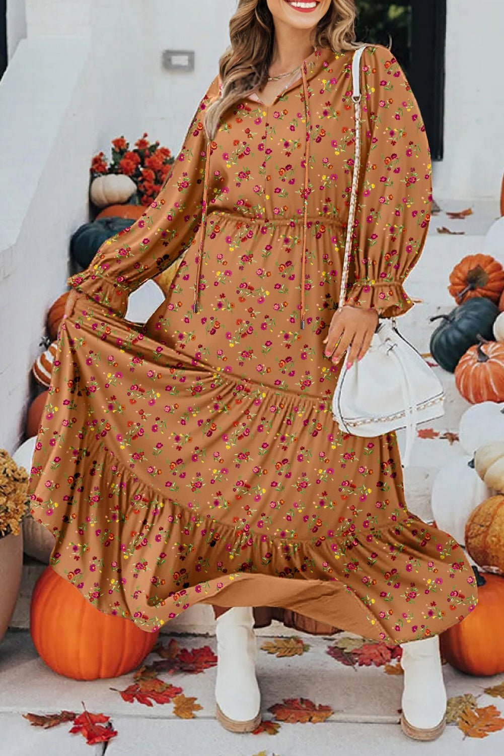 Brown Plus Size Floral Split V Neck Ruffled Sleeve Tiered Maxi Dress - MAD RUFFI