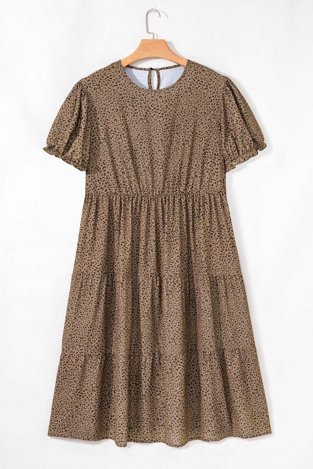 Brown Plus Size Leopard Print Frill Trim Short Sleeve Flared Dress - MAD RUFFI