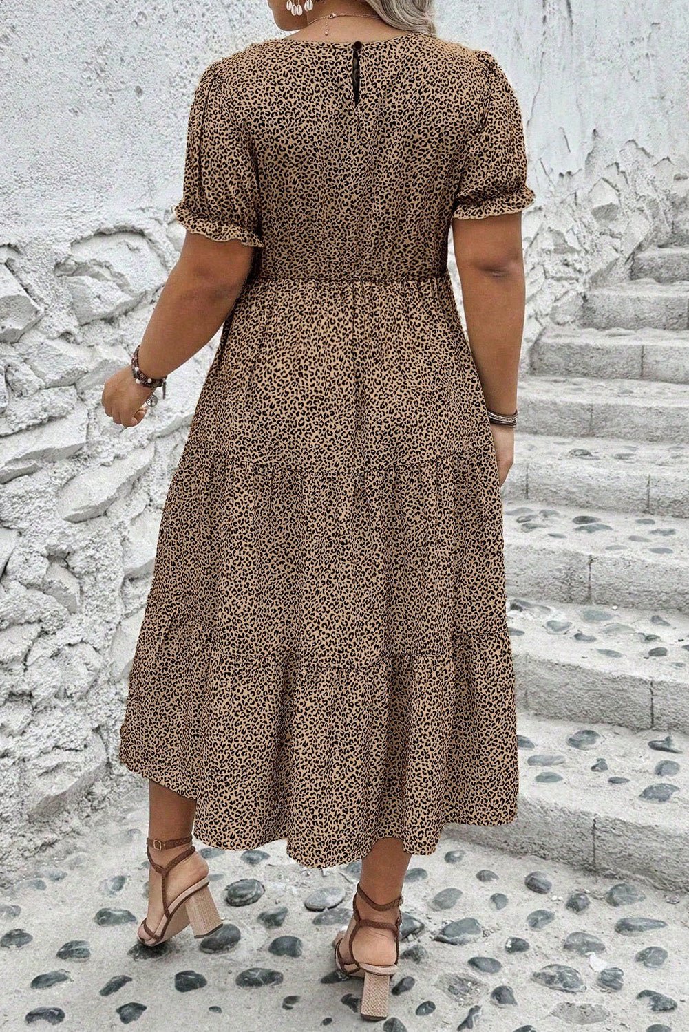 Brown Plus Size Leopard Print Frill Trim Short Sleeve Flared Dress - MAD RUFFI