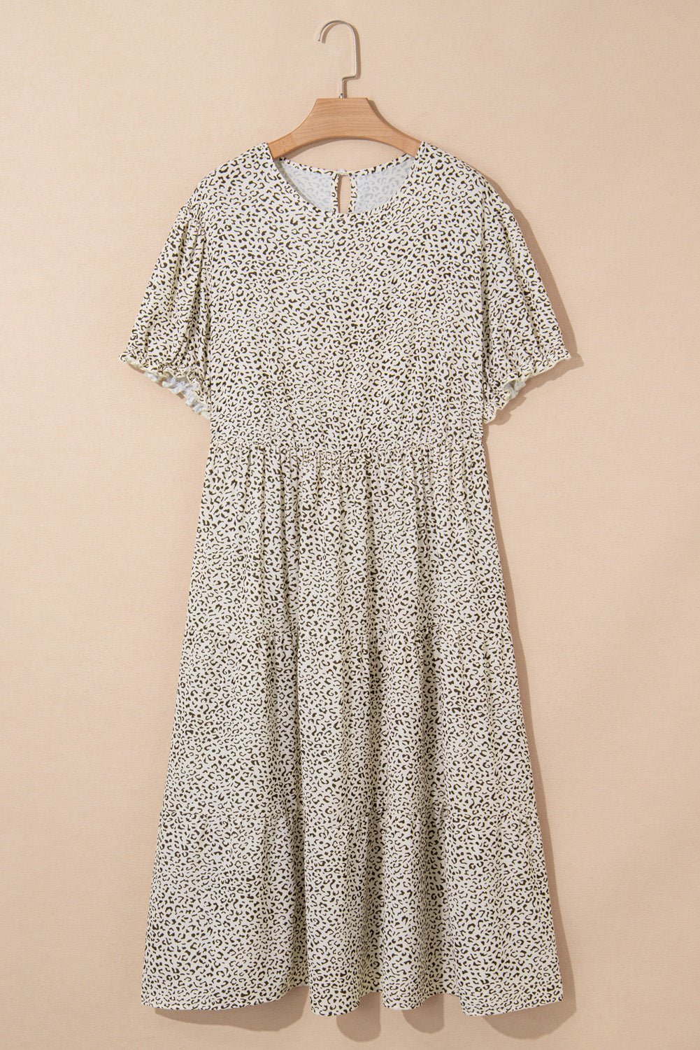 Brown Plus Size Leopard Print Frill Trim Short Sleeve Flared Dress - MAD RUFFI