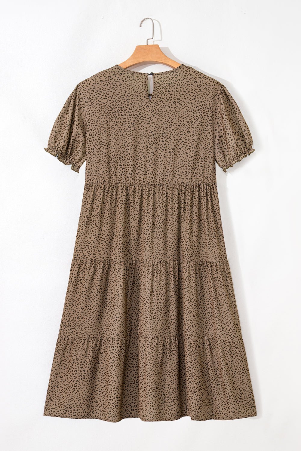 Brown Plus Size Leopard Print Frill Trim Short Sleeve Flared Dress - MAD RUFFI