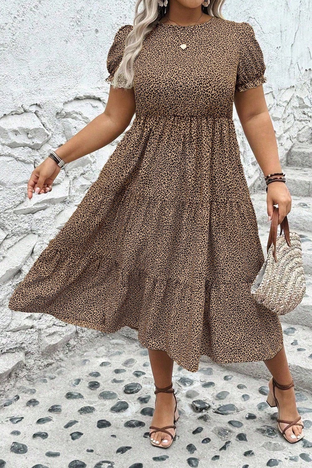 Brown Plus Size Leopard Print Frill Trim Short Sleeve Flared Dress - MAD RUFFI
