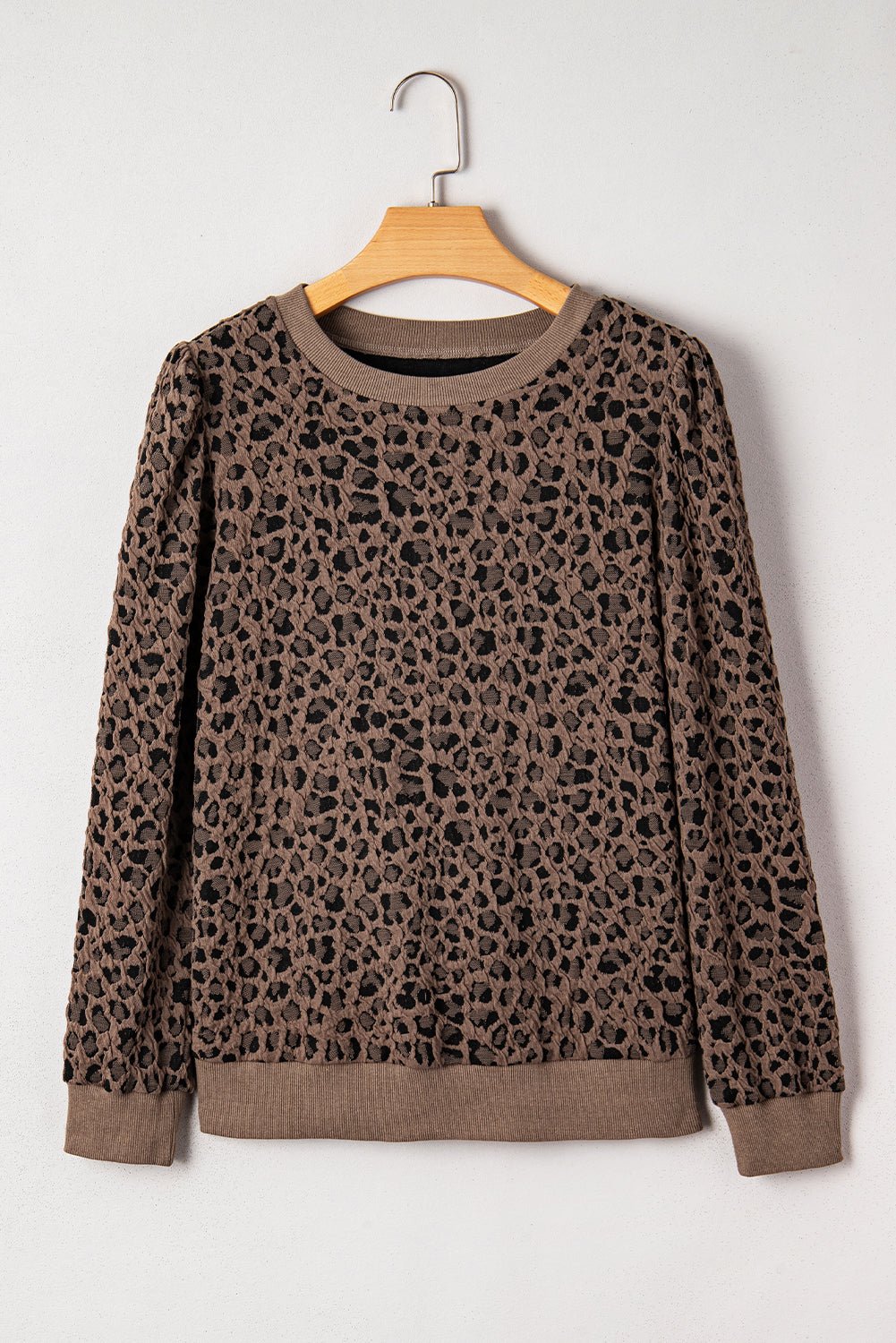 Brown Ribbed Trim Leopard Print Long Sleeve Top - MAD RUFFI