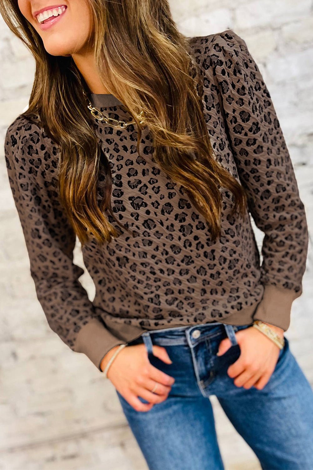 Brown Ribbed Trim Leopard Print Long Sleeve Top - MAD RUFFI