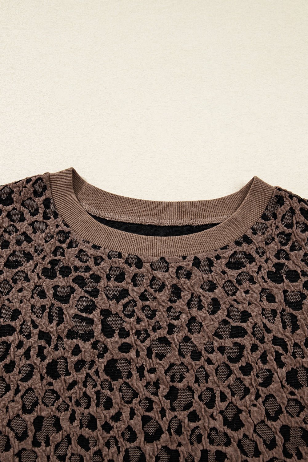 Brown Ribbed Trim Leopard Print Long Sleeve Top - MAD RUFFI