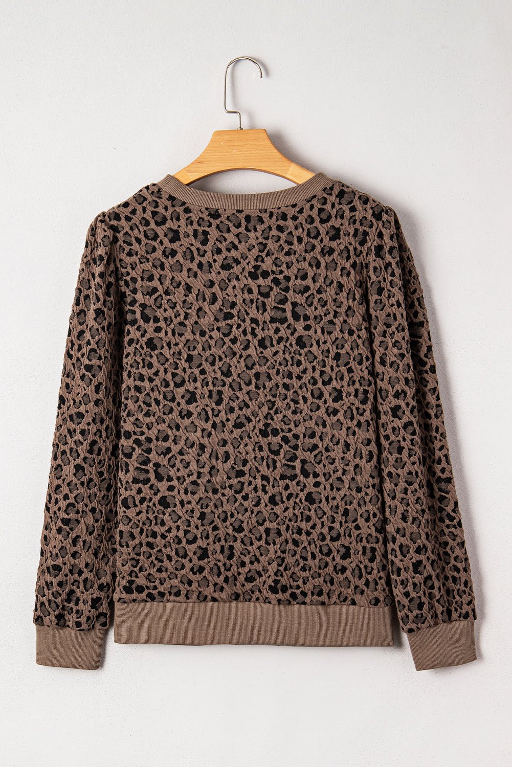 Brown Ribbed Trim Leopard Print Long Sleeve Top - MAD RUFFI