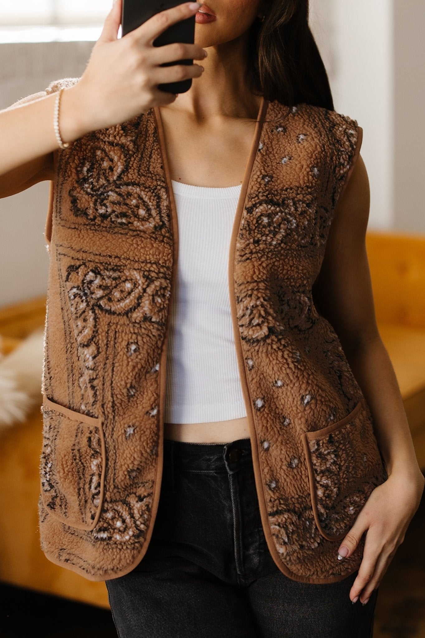 milla nova wedding dress Brown Sherpa Paisley Print Pocketed Western Fashion Vest Jacket
