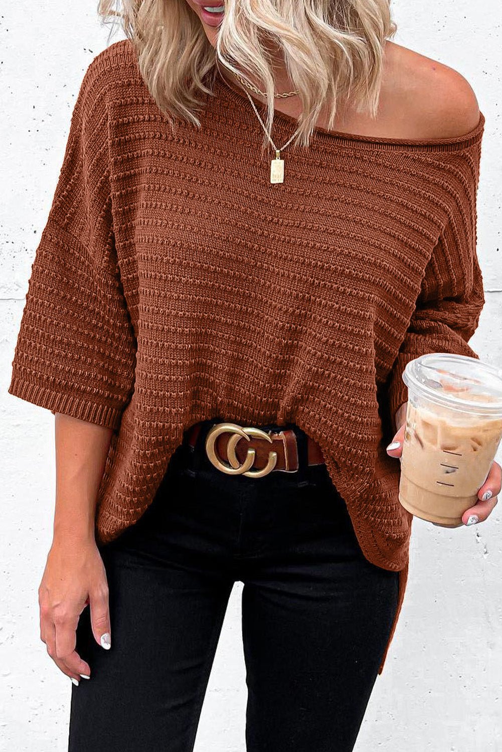 brown solid color rib - knit drop sleeve side slits top - MAD RUFFI
