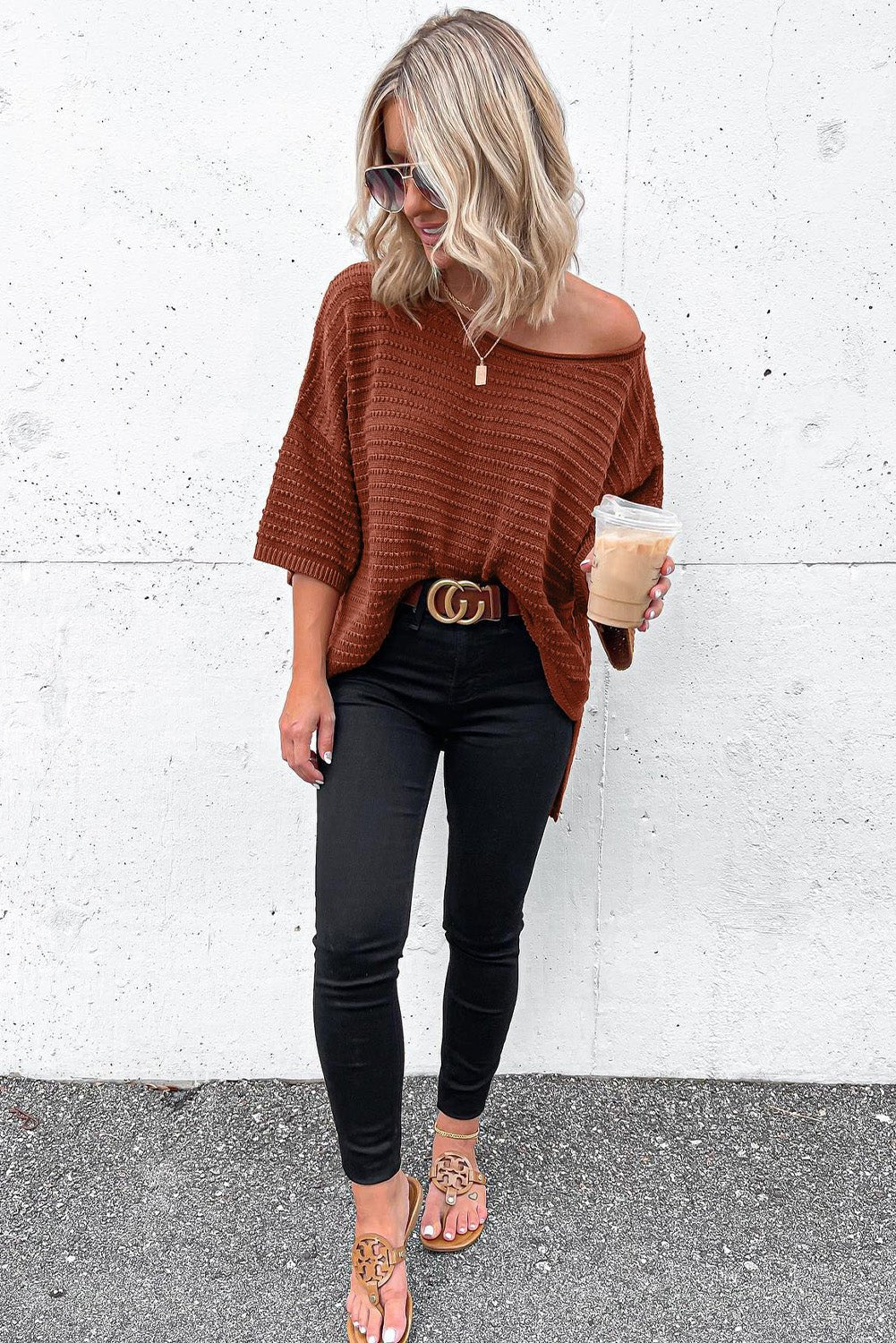 brown solid color rib - knit drop sleeve side slits top - MAD RUFFI