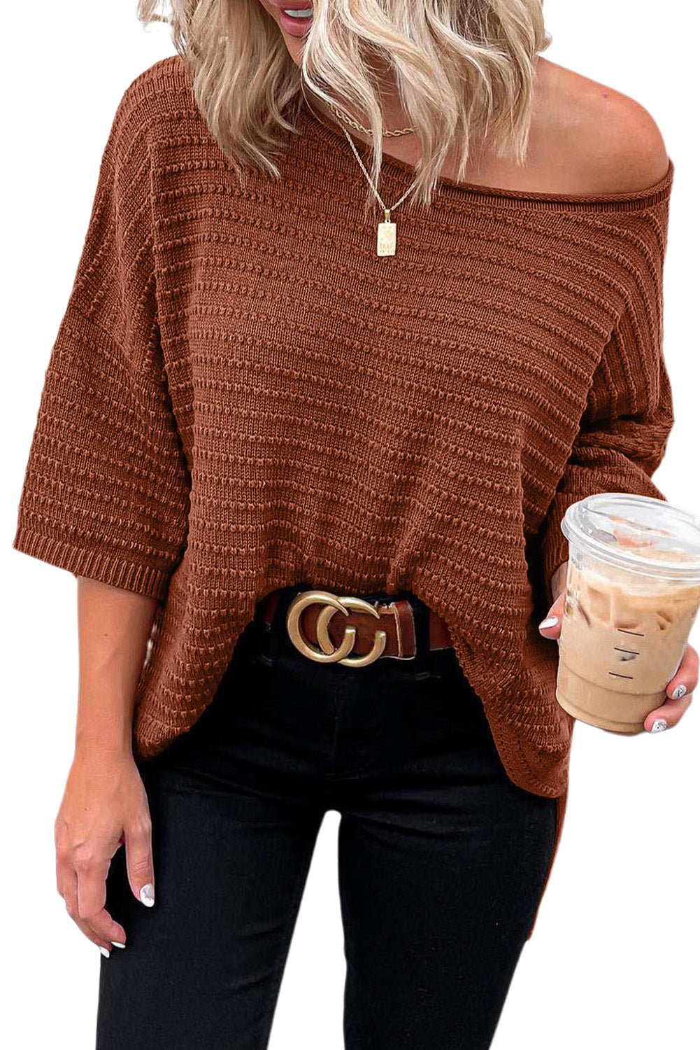 brown solid color rib - knit drop sleeve side slits top - MAD RUFFI