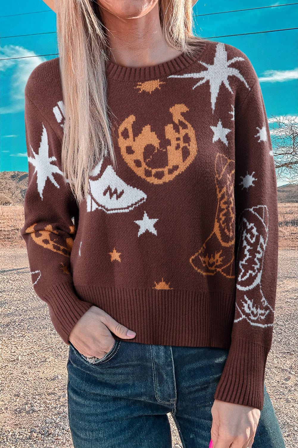 Brown Star Boots Print Cropped Knit Sweater - MAD RUFFI