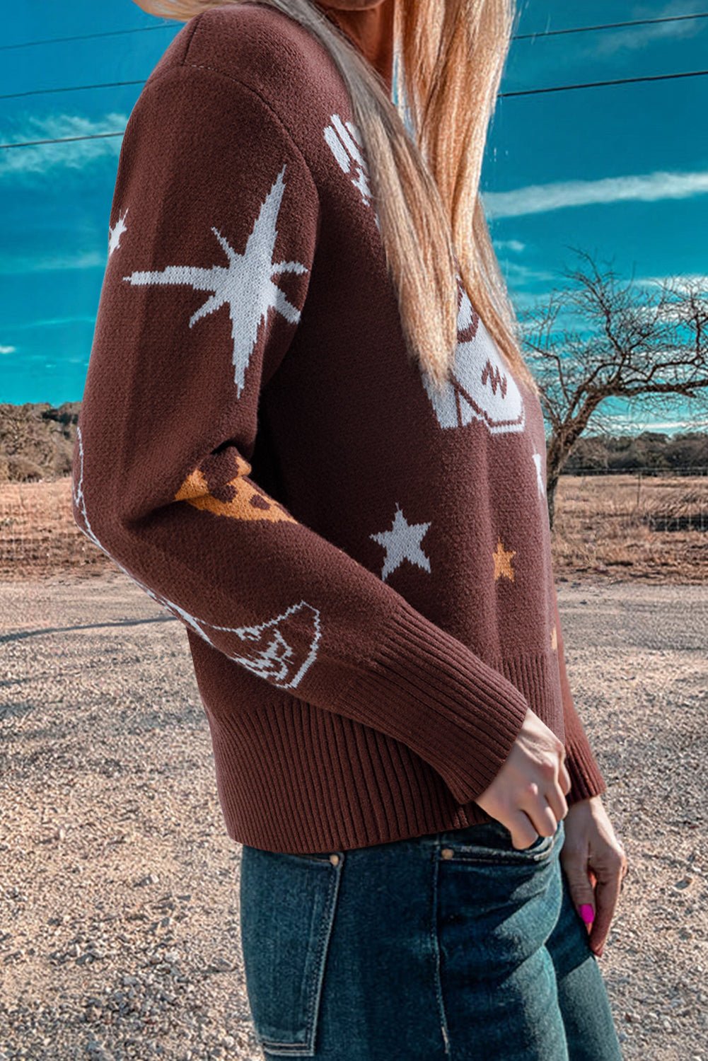 Brown Star Boots Print Cropped Knit Sweater - MAD RUFFI