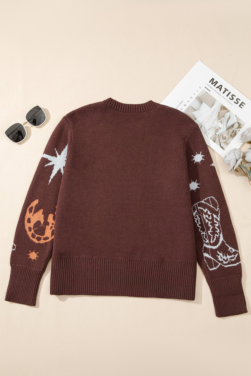 Brown Star Boots Print Cropped Knit Sweater - MAD RUFFI