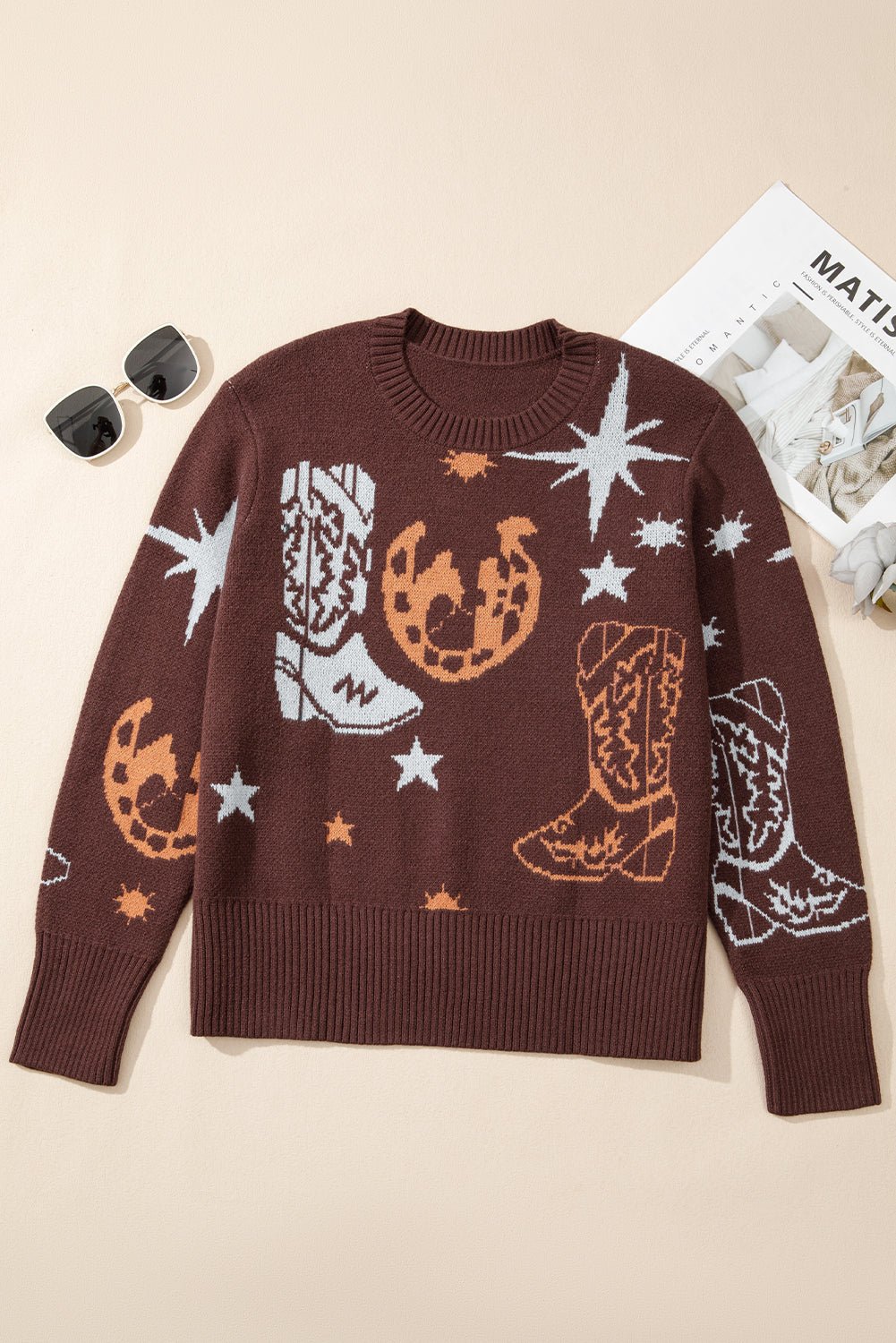 Brown Star Boots Print Cropped Knit Sweater - MAD RUFFI