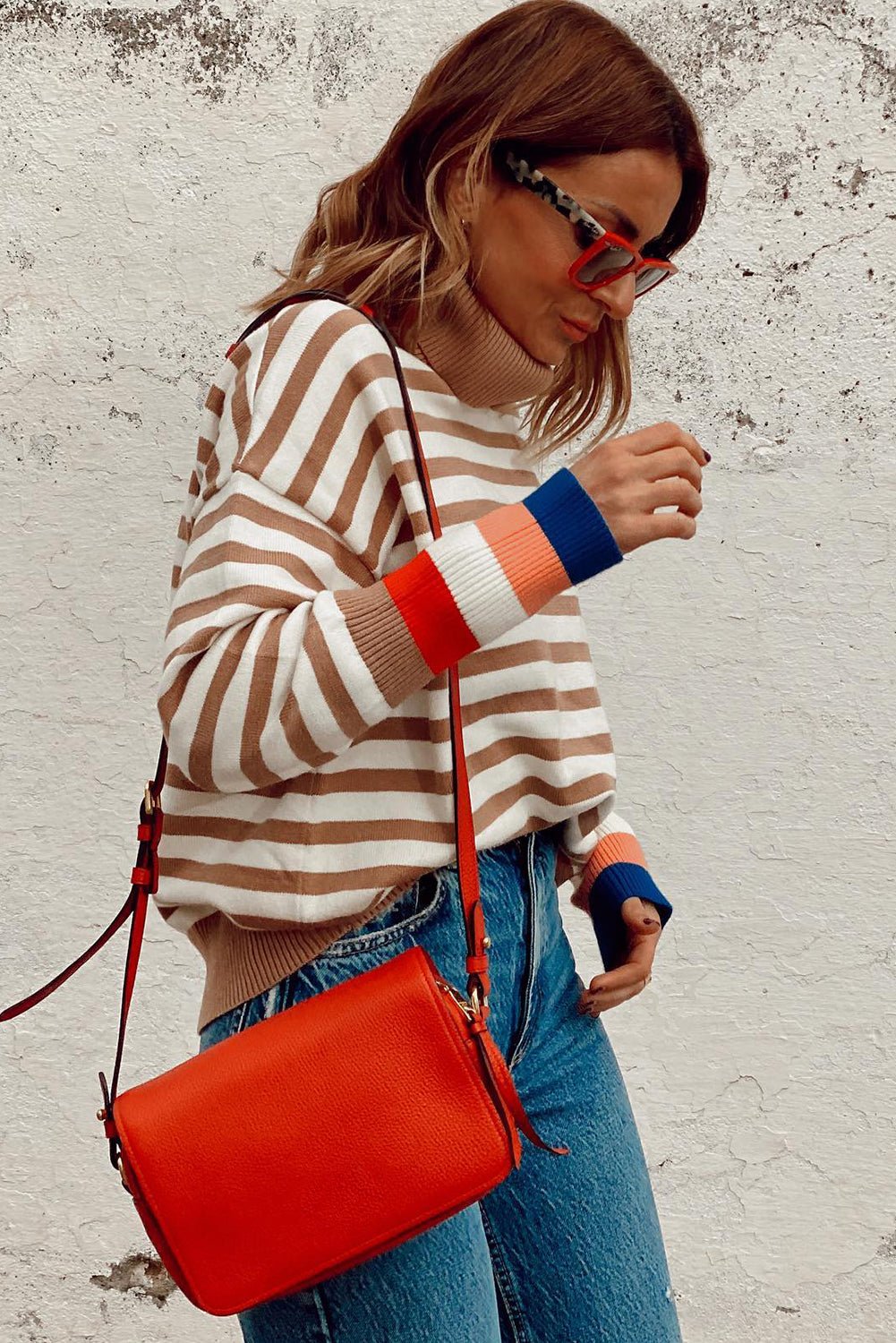 Brown Stripe Bishop Sleeve Turtleneck Sweater - MAD RUFFI