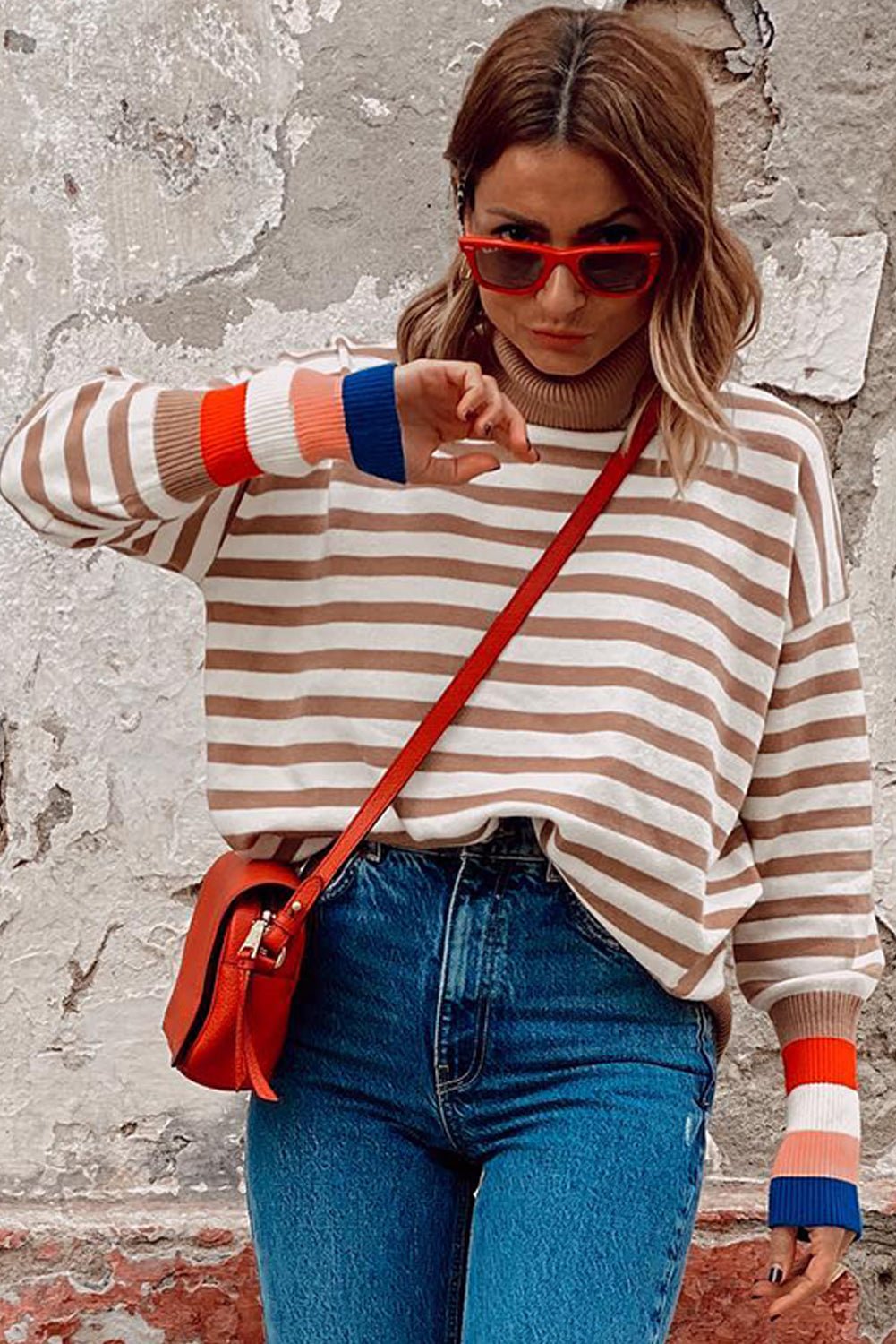 Brown Stripe Bishop Sleeve Turtleneck Sweater - MAD RUFFI