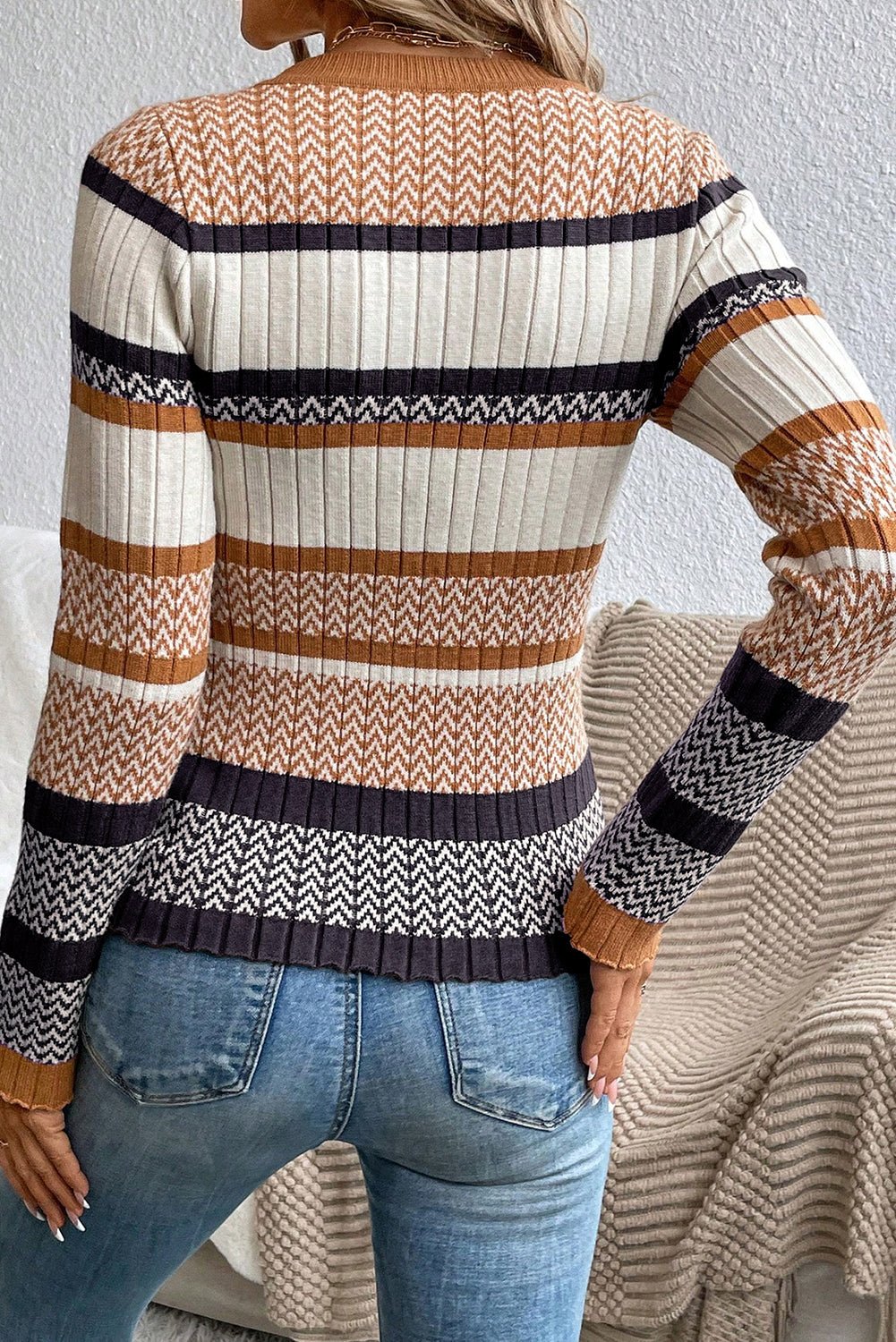 Brown Stripe Chevron Pattern Knitted Ribbed Trim Slim Fit Sweater - MAD RUFFI
