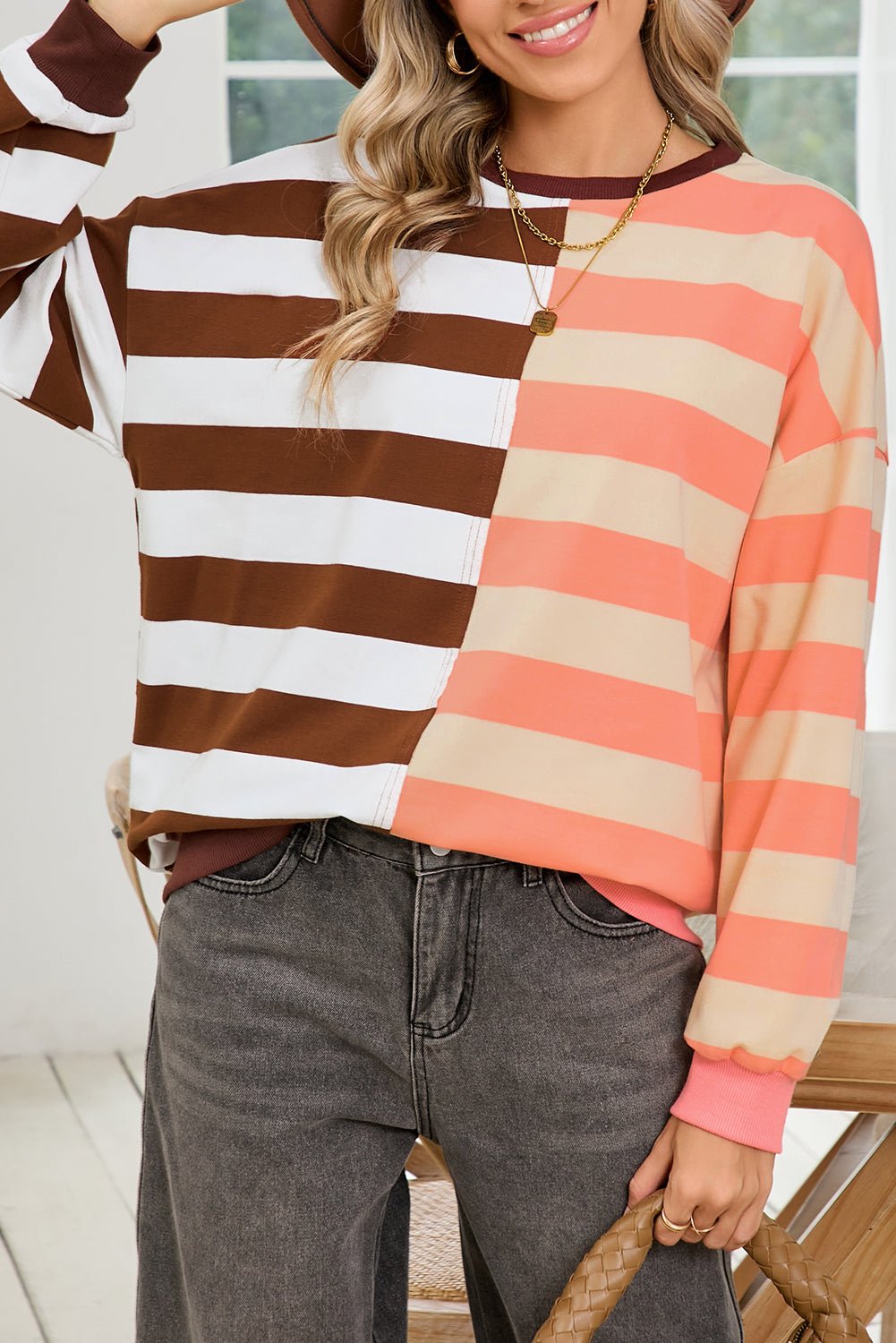 Brown Stripe Color Block Drop Shoulder Pullover Sweatshirt - MAD RUFFI
