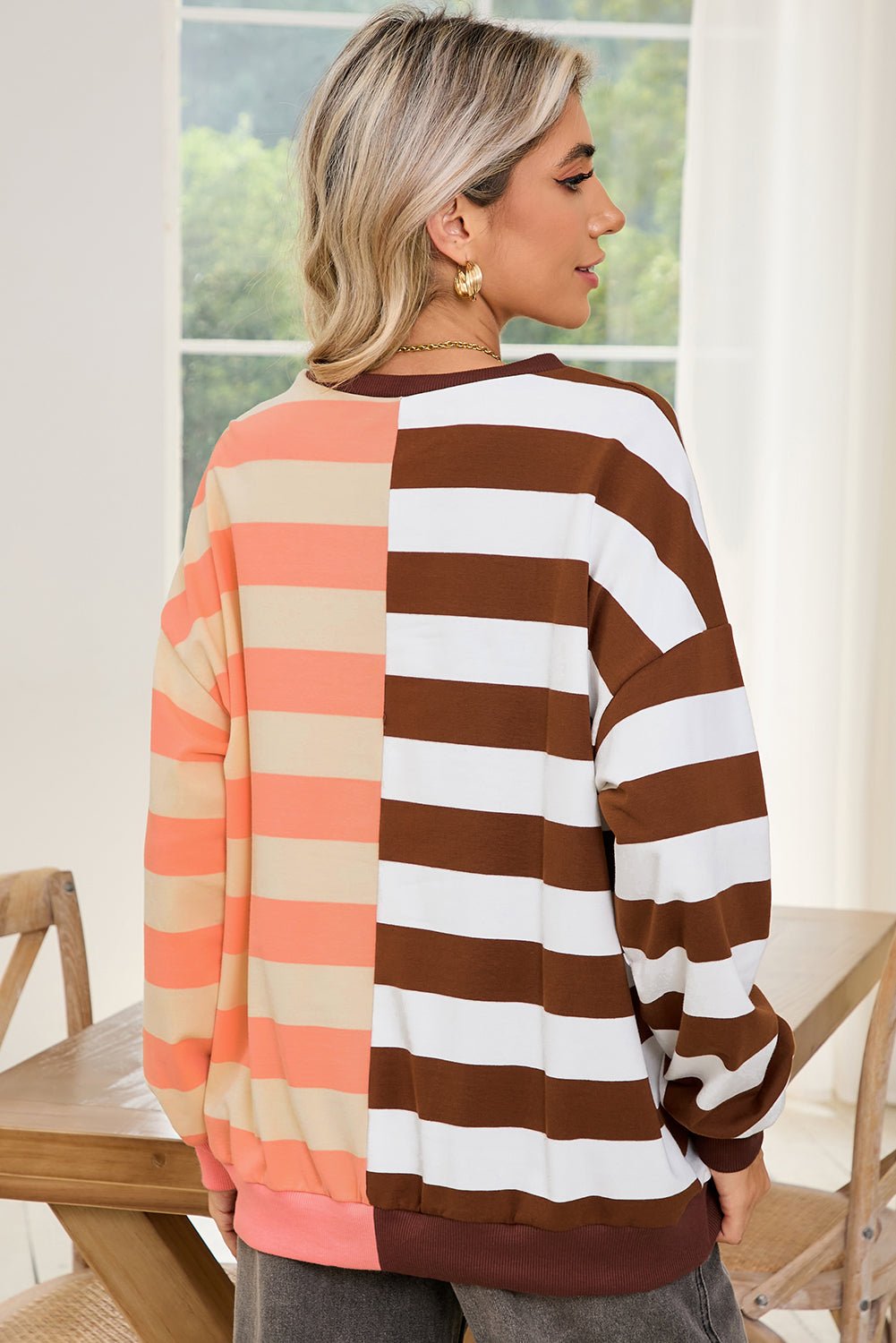 Brown Stripe Color Block Drop Shoulder Pullover Sweatshirt - MAD RUFFI