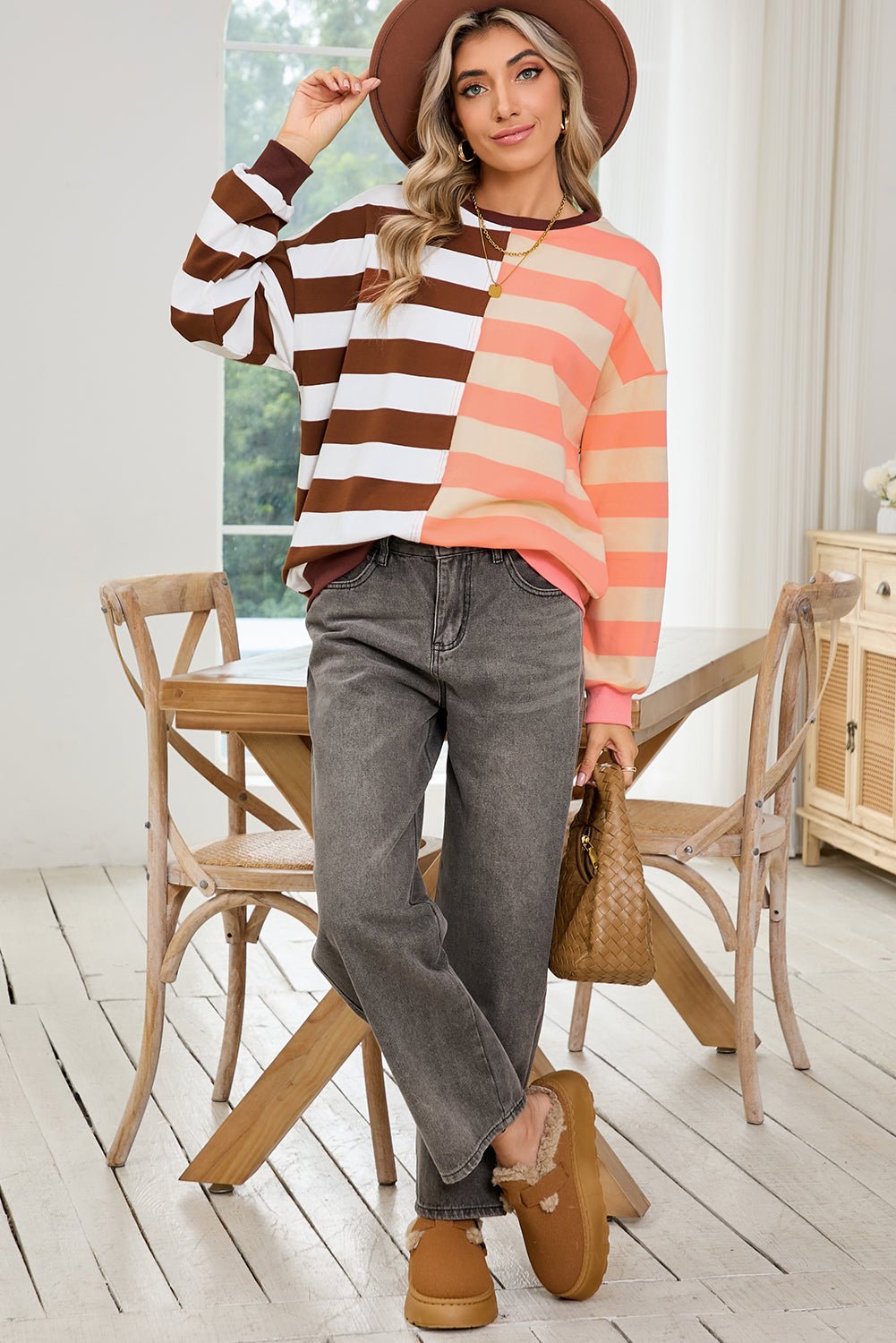 Brown Stripe Color Block Drop Shoulder Pullover Sweatshirt - MAD RUFFI