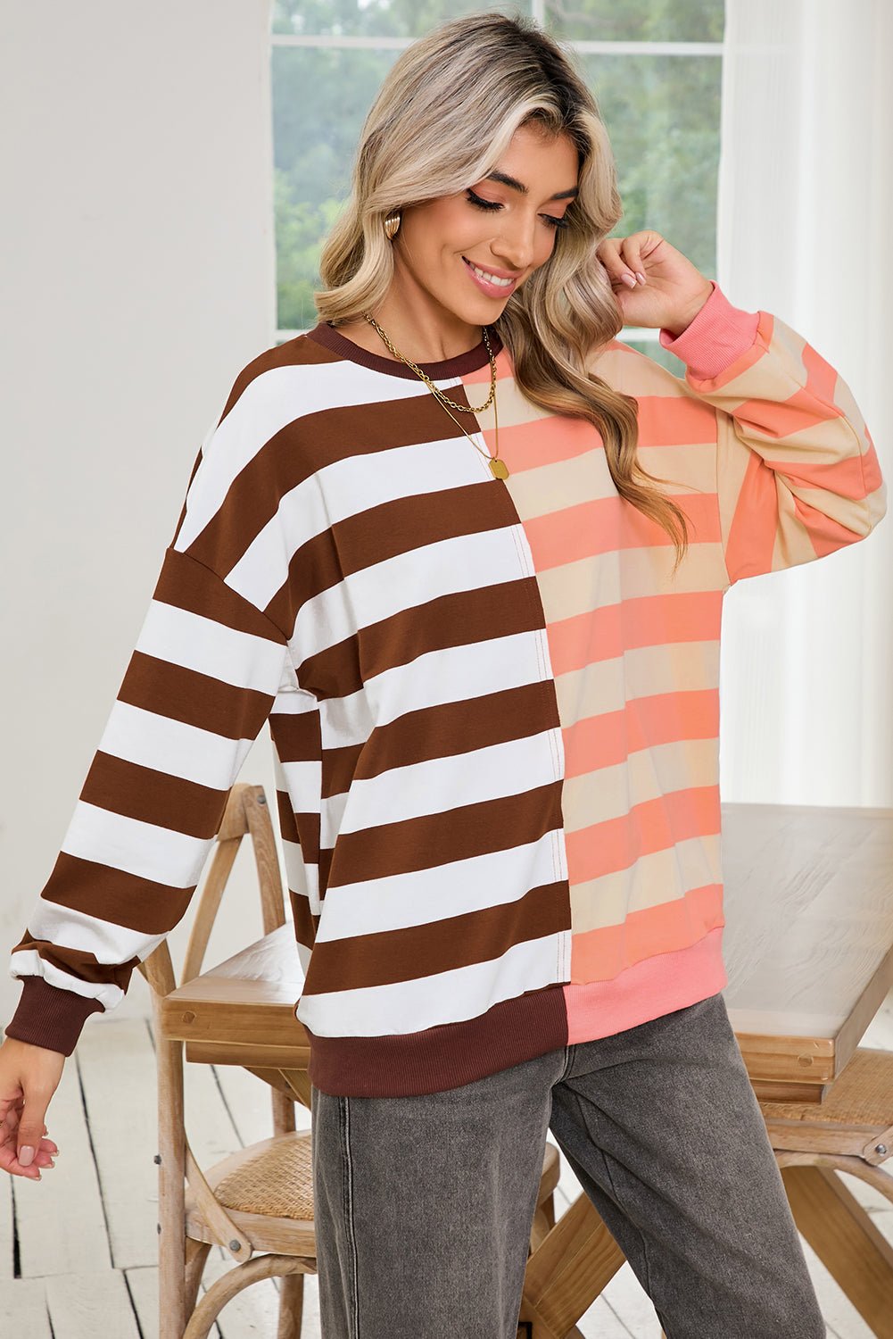 Brown Stripe Color Block Drop Shoulder Pullover Sweatshirt - MAD RUFFI