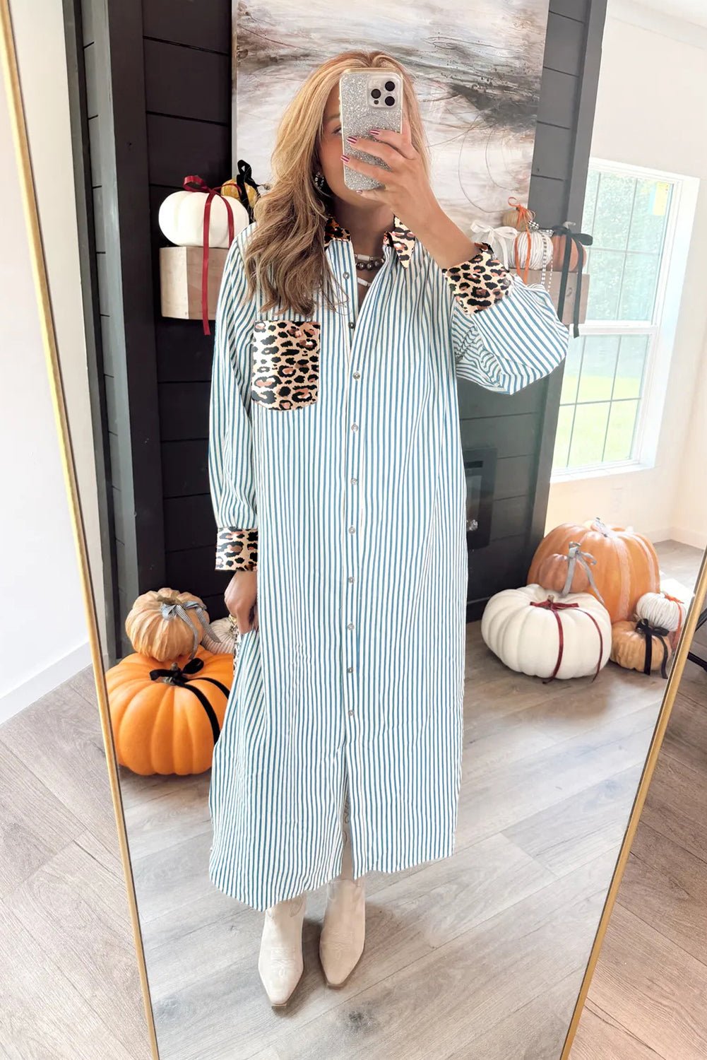 Brown Stripe Contrast Leopard Patchwork Shirt Dress - MAD RUFFI