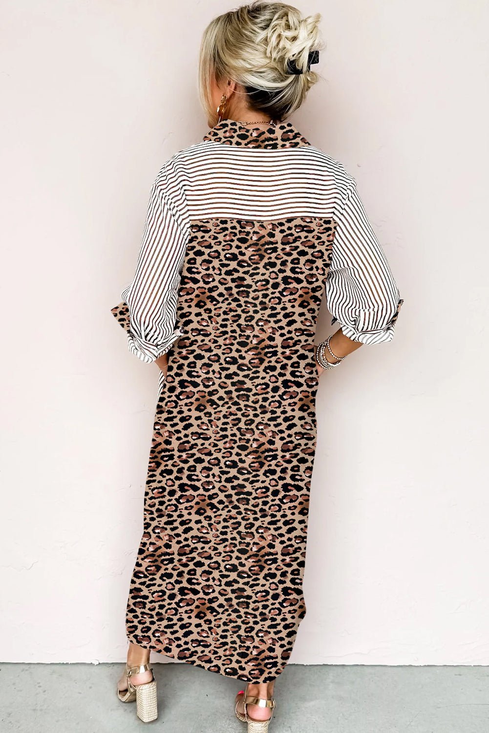 Brown Stripe Contrast Leopard Patchwork Shirt Dress - MAD RUFFI