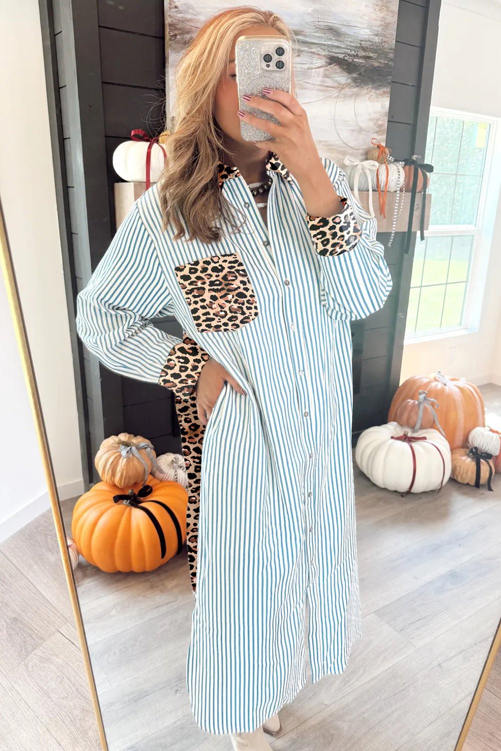 Brown Stripe Contrast Leopard Patchwork Shirt Dress - MAD RUFFI