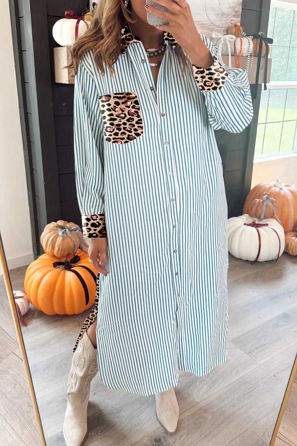 Brown Stripe Contrast Leopard Patchwork Shirt Dress - MAD RUFFI