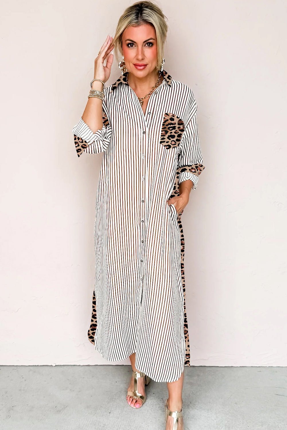 Brown Stripe Contrast Leopard Patchwork Shirt Dress - MAD RUFFI