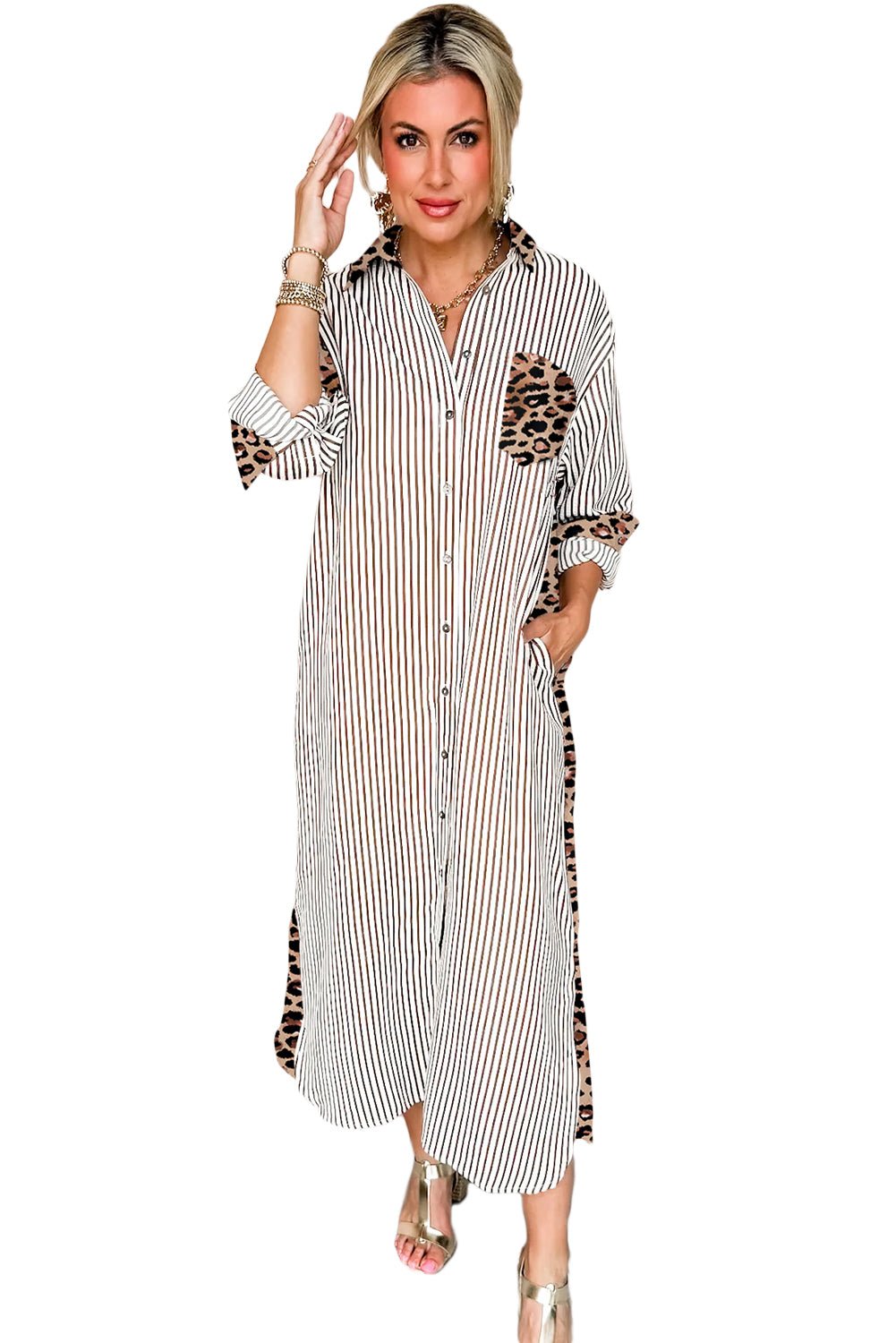 Brown Stripe Contrast Leopard Patchwork Shirt Dress - MAD RUFFI