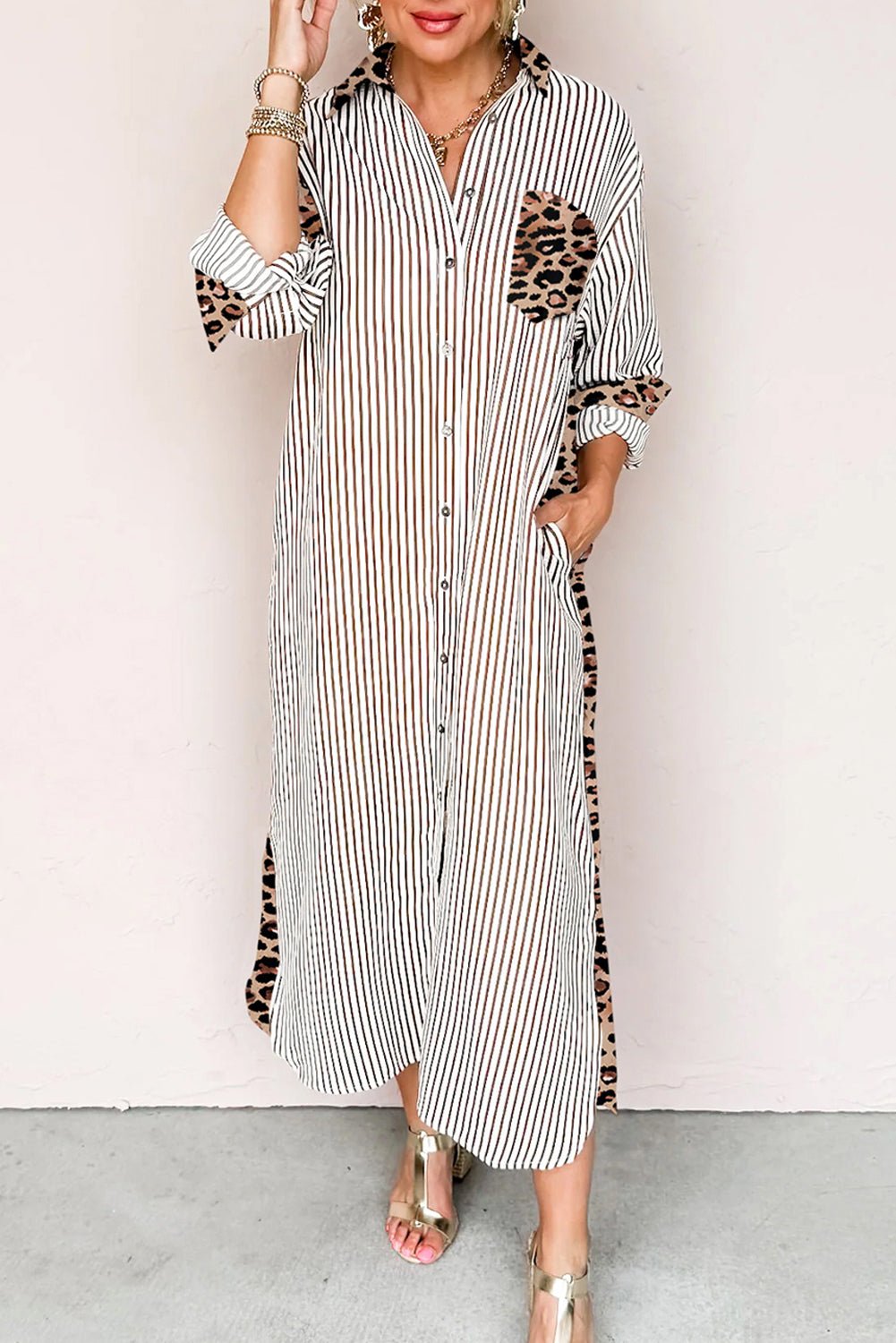 Brown Stripe Contrast Leopard Patchwork Shirt Dress - MAD RUFFI