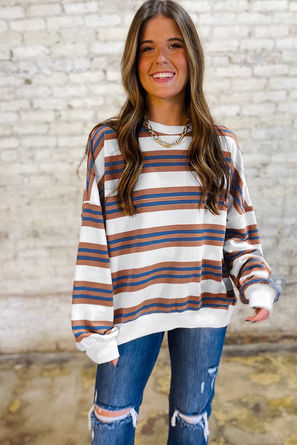 Brown Stripe Crew Neck Drop Shoulder Pullover Sweatshirt - MAD RUFFI