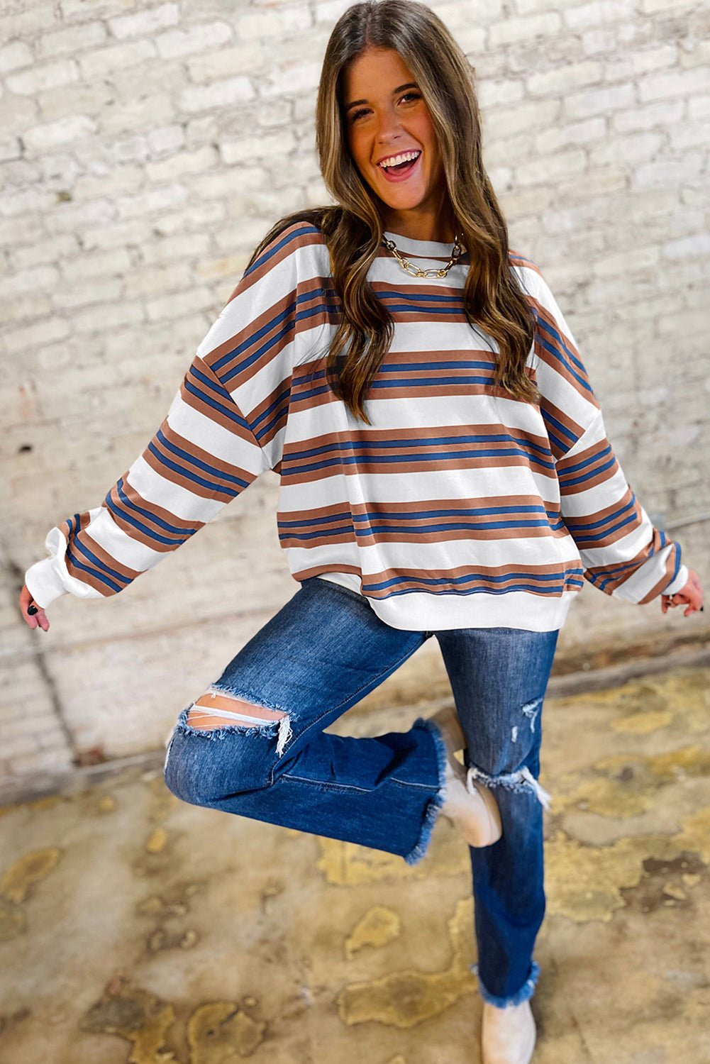 Brown Stripe Crew Neck Drop Shoulder Pullover Sweatshirt - MAD RUFFI