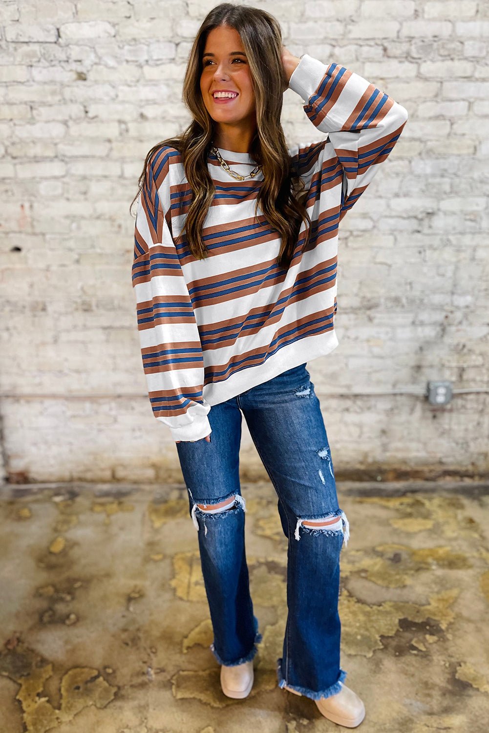 Brown Stripe Crew Neck Drop Shoulder Pullover Sweatshirt - MAD RUFFI