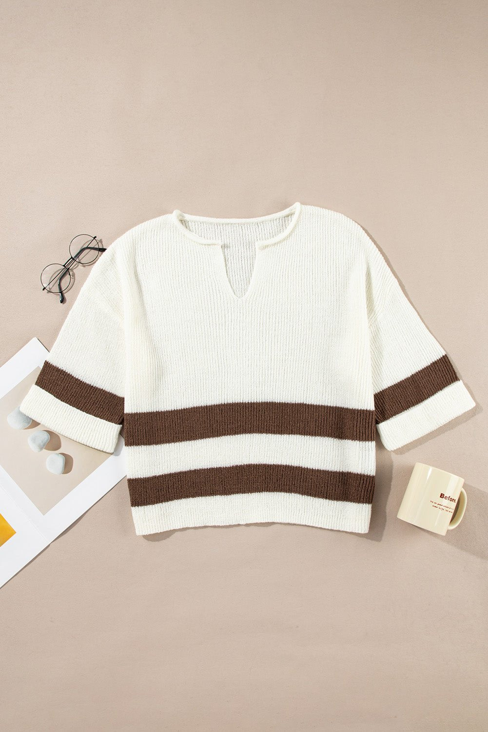 Brown Stripe Cropped Drop Sleeve Sweater - MAD RUFFI