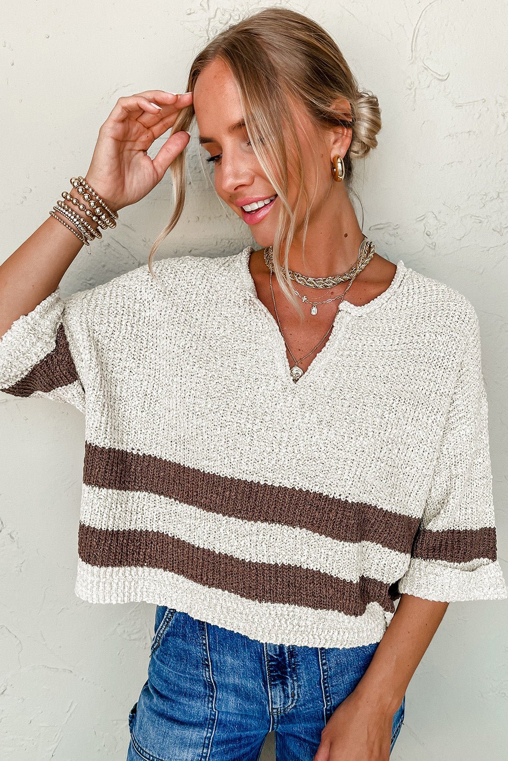 Brown Stripe Cropped Drop Sleeve Sweater - MAD RUFFI