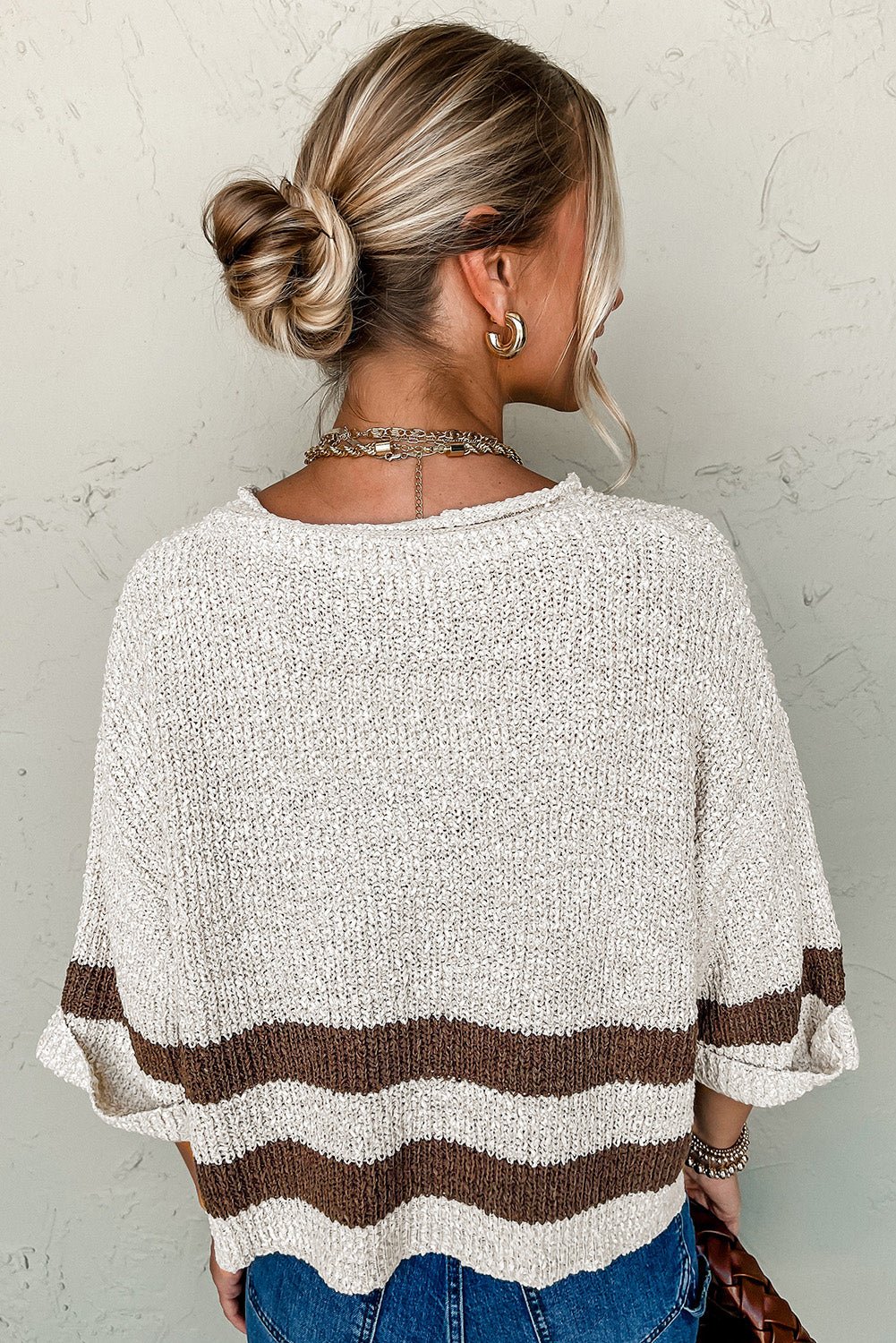 Brown Stripe Cropped Drop Sleeve Sweater - MAD RUFFI