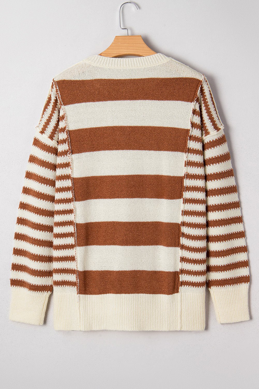 Brown Stripe Drop Shoulder Sleeve Patchwork Baggy Sweater - MAD RUFFI