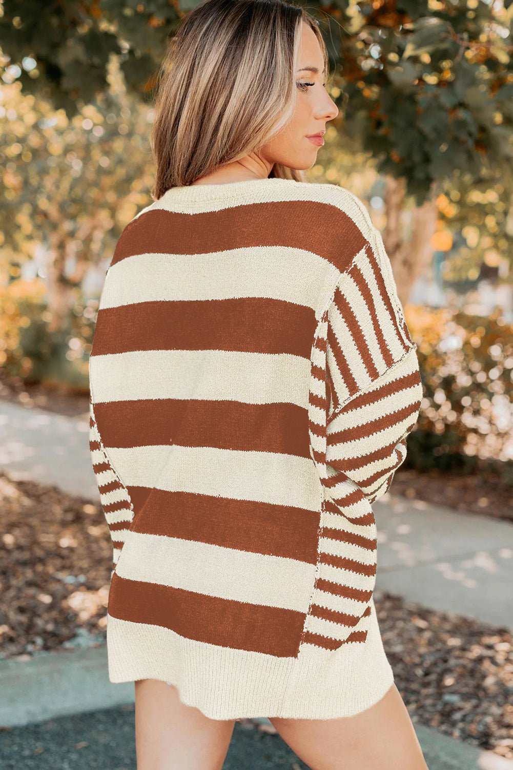 Brown Stripe Drop Shoulder Sleeve Patchwork Baggy Sweater - MAD RUFFI