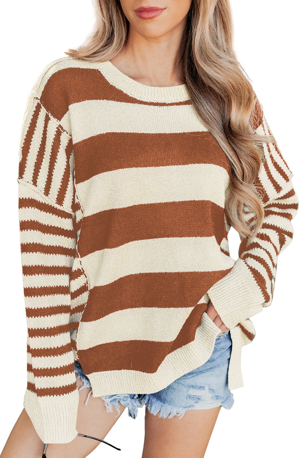 Brown Stripe Drop Shoulder Sleeve Patchwork Baggy Sweater - MAD RUFFI