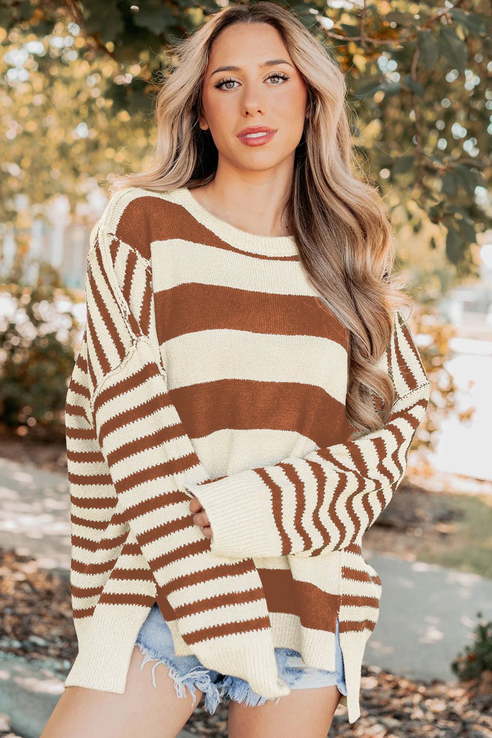Brown Stripe Drop Shoulder Sleeve Patchwork Baggy Sweater - MAD RUFFI