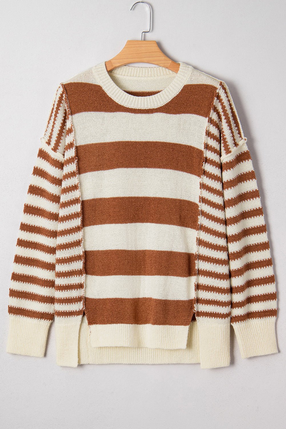 Brown Stripe Drop Shoulder Sleeve Patchwork Baggy Sweater - MAD RUFFI