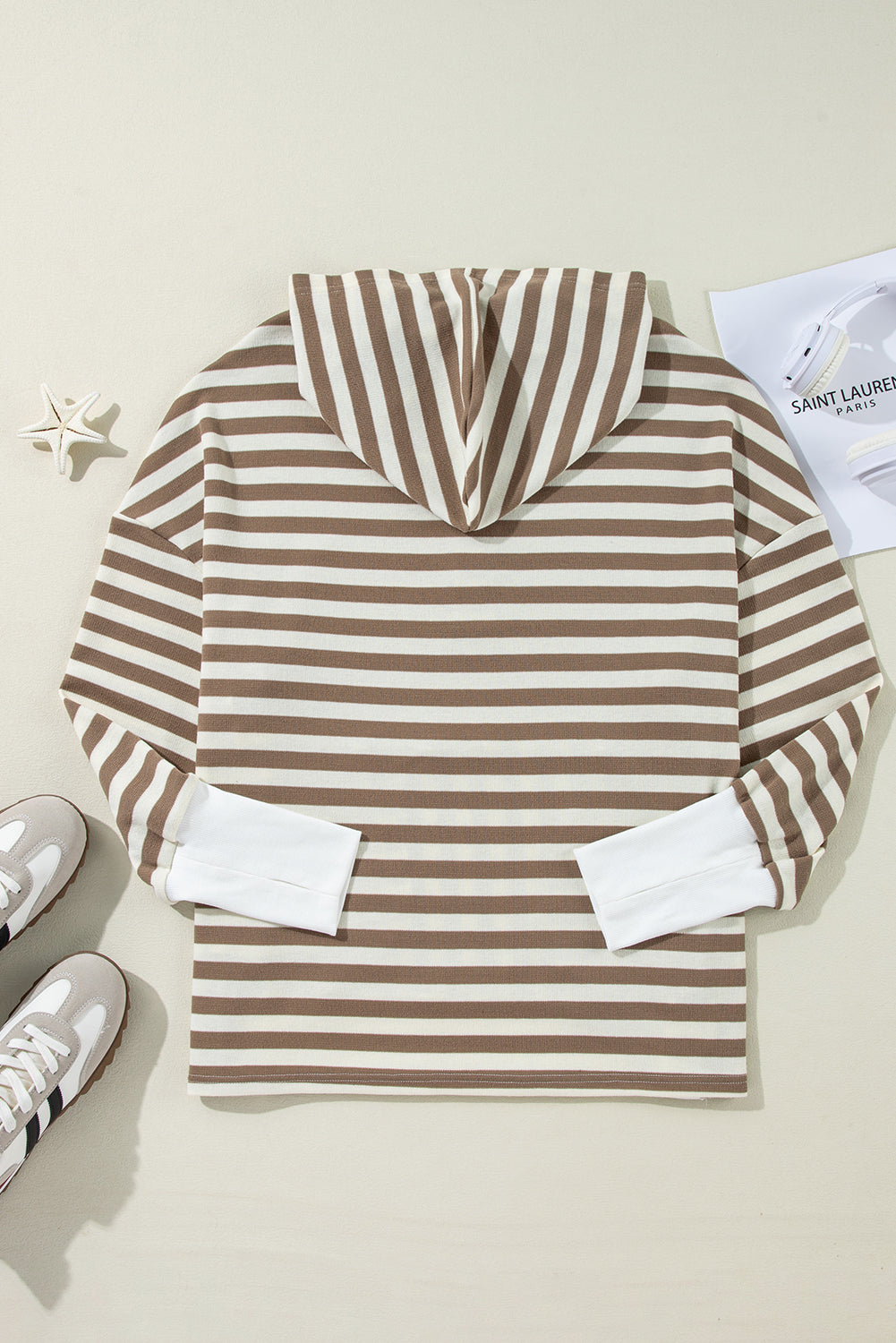 Brown Stripe Drop Sleeve Plus Size Henley Hoodie - Plus Size Tops