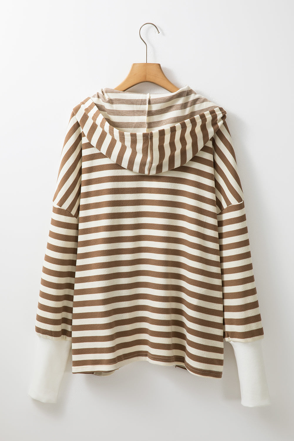 Brown Stripe Drop Sleeve Plus Size Henley Hoodie - Plus Size Tops