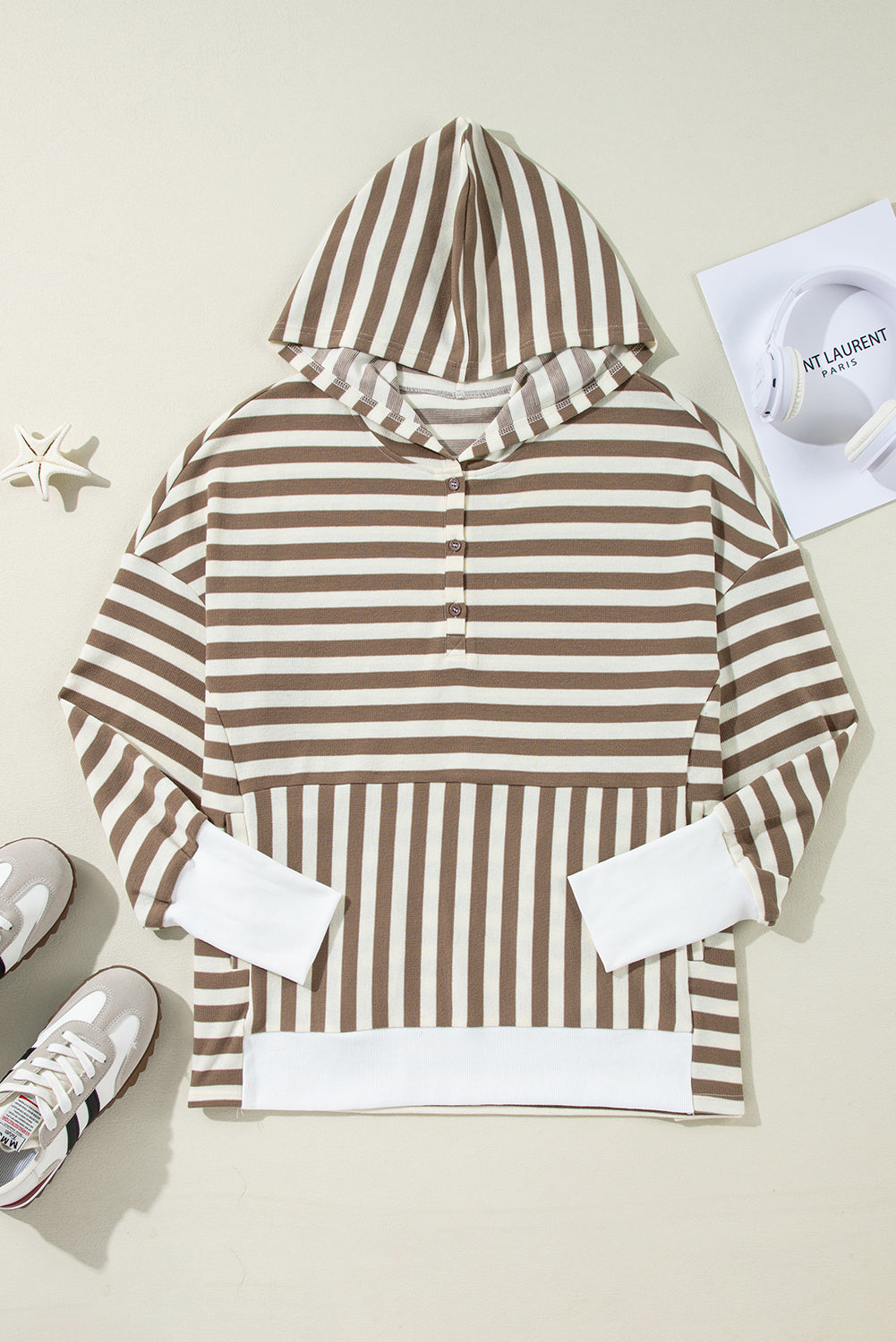 Brown Stripe Drop Sleeve Plus Size Henley Hoodie - Plus Size Tops