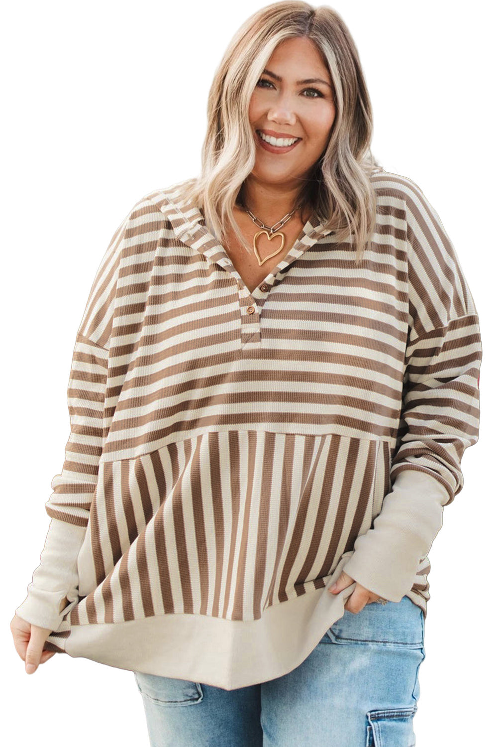 Brown Stripe Drop Sleeve Plus Size Henley Hoodie - Plus Size Tops