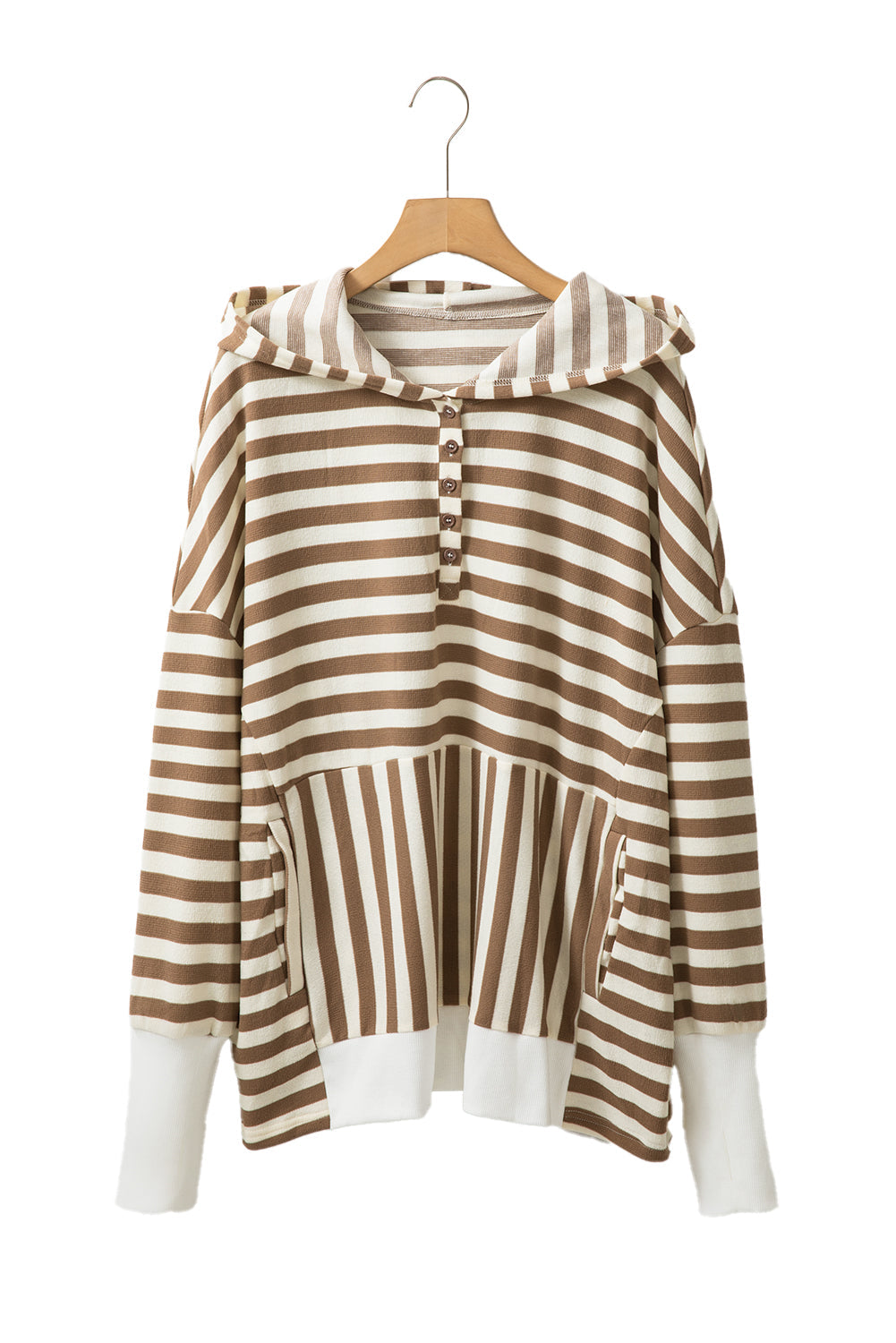 Brown Stripe Drop Sleeve Plus Size Henley Hoodie - Plus Size Tops